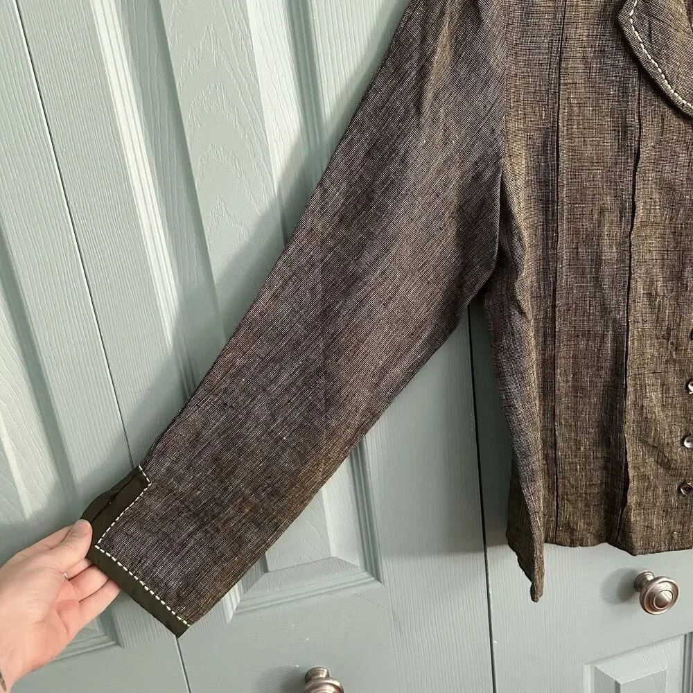 Karavan Womens Olive Green Woven Linen Blazer Blouse‎ Medium Button Front - Picture 3 of 9